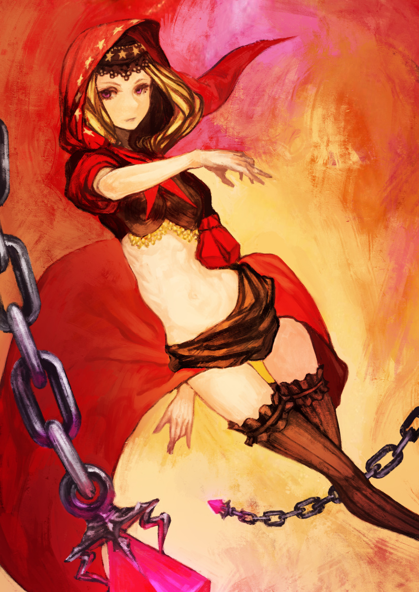 1girl absurdres black_legwear blonde_hair chain frilled_garter hat highres hood midriff navel odin_sphere puff_and_slash_sleeves puffy_sleeves purple_eyes red_hood shikisuke showgirl_skirt solo striped striped_legwear velvet_(odin_sphere) vertical-striped_legwear vertical_stripes