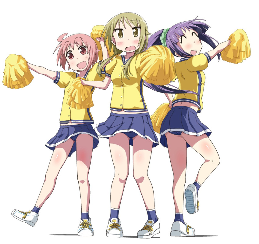 3girls ahoge bangs blonde_hair blue_panties blue_skirt blunt_bangs brown_eyes cheerleader closed_eyes commentary_request full_body highres hinata_yukari ichii_yui ki_(adotadot) long_hair looking_at_viewer multiple_girls nonohara_yuzuko open_mouth panties pink_hair pleated_skirt pom_pom_(cheerleading) purple_hair shirt shoes short_hair simple_background skirt sneakers standing underwear white_background white_footwear yellow_eyes yellow_shirt yuyushiki