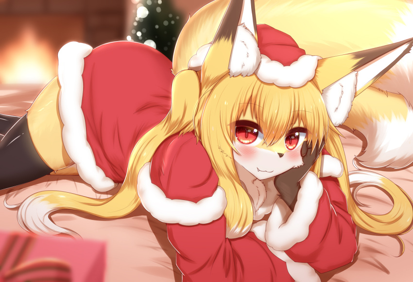 2021 2_tails anthro blonde_hair blush brown_body brown_fur canid canine cheek_tuft chest_tuft christmas christmas_clothing christmas_headwear clothed clothing cute_fangs dipstick_ears dipstick_tail dress facial_tuft female fire fireplace fluffy fluffy_tail fox fur gift hair hand_on_cheek hat headgear headwear holidays horokusa0519 inner_ear_fluff inside kemono legwear looking_at_viewer lying mammal markings multi_tail multicolored_body multicolored_ears multicolored_fur multicolored_hair on_front red_eyes santa_dress santa_hat solo tail_markings thigh_highs tuft twintails_(hairstyle) white_body white_fur white_hair yellow_body yellow_fur