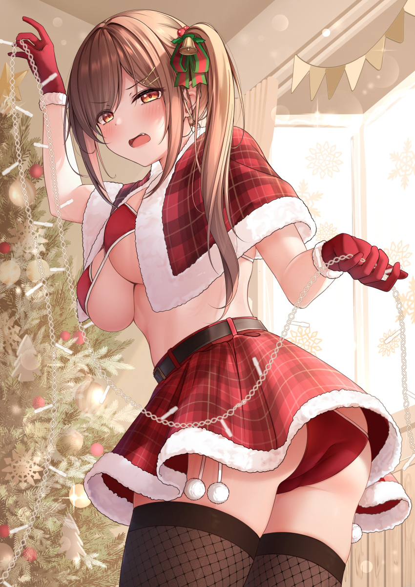 1girl absurdres ass bikini black_legwear breasts brown_eyes brown_hair christmas christmas_tree cleavage decorating fishnet_legwear fishnets highres large_breasts looking_at_viewer looking_back monaka_curl open_mouth original panties red_bikini red_panties santa_bikini santa_costume side_ponytail solo swimsuit thighhighs thighs underwear upskirt