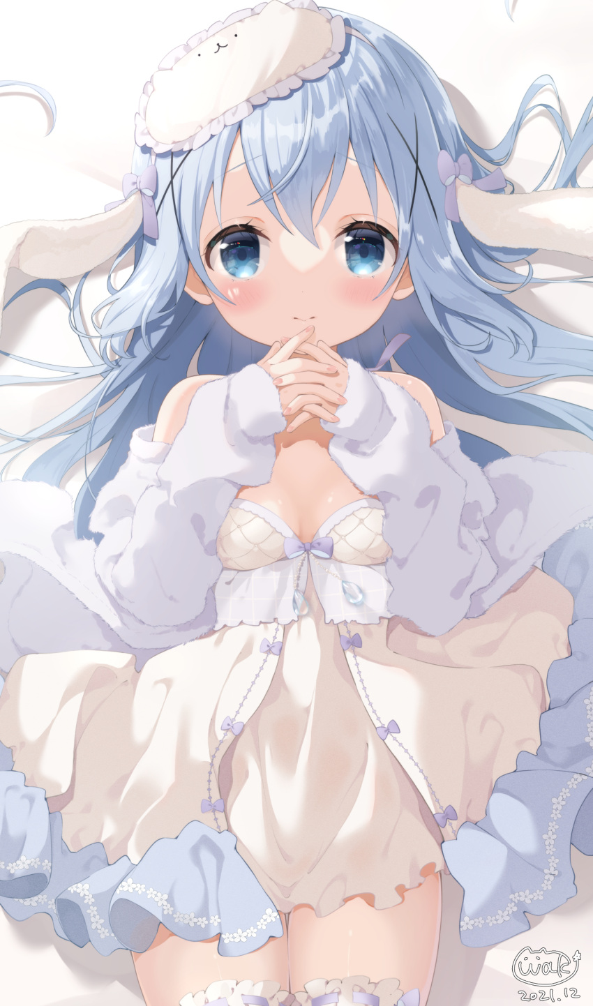 1girl alternate_costume animal_ears bed_sheet blue_eyes blue_hair blush breasts closed_mouth cowboy_shot dress eyebrows_visible_through_hair fake_animal_ears floppy_ears gochuumon_wa_usagi_desu_ka? hair_between_eyes hair_ornament highres kafuu_chino long_hair long_sleeves looking_at_viewer neki_(wakiko) rabbit_ears signature small_breasts solo white_dress x_hair_ornament