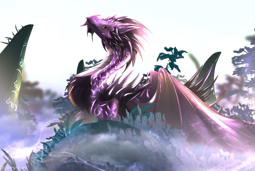 2021 ambiguous_gender day detailed_background digital_media_(artwork) dragon feral hi_res membrane_(anatomy) membranous_wings outside scales sky solo spines telleryspyro wings