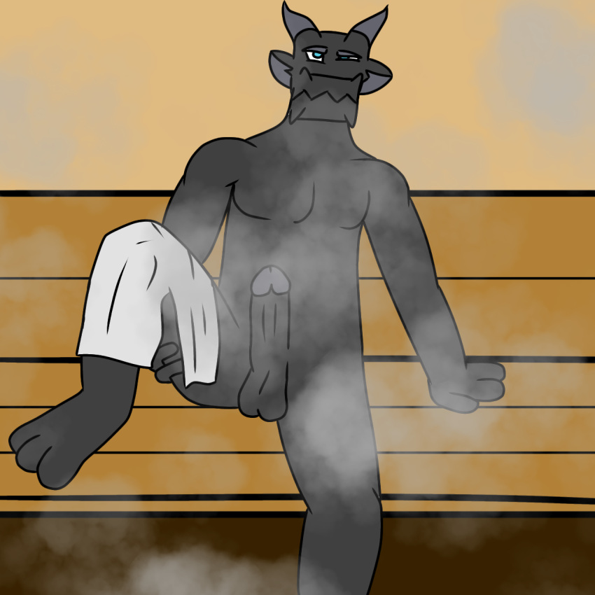 anthro bench dragon drew_the_mountain hi_res male nude sauna solo towel