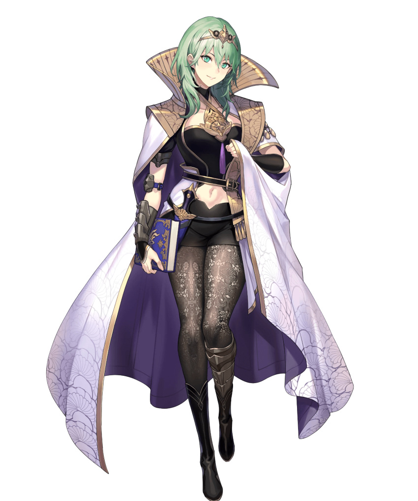 1girl arm_guards armor bangs belt black_footwear book boots byleth_(fire_emblem) byleth_(fire_emblem)_(female) cape closed_mouth dagger fire_emblem fire_emblem:_three_houses fire_emblem_heroes full_body gold_trim green_eyes green_hair highres holding jewelry kakage knee_boots knife looking_at_viewer midriff navel official_art pantyhose shiny shiny_clothes short_hair short_sleeves shorts smile solo standing stomach tiara transparent_background weapon