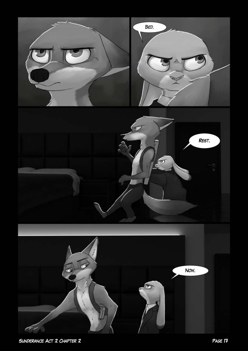 2021 ambiguous_gender anthro barefoot bed biped black_border border buckteeth canid canine clothed clothing comic dialogue dipstick_ears dipstick_tail disney duo english_text feet fox foxxj furniture gloves_(marking) greyscale gun handgun hi_res holster inside judy_hopps lagomorph leporid male mammal markings monochrome multicolored_ears nick_wilde pistol rabbit ranged_weapon speech_bubble tail_markings teeth text topless weapon zootopia