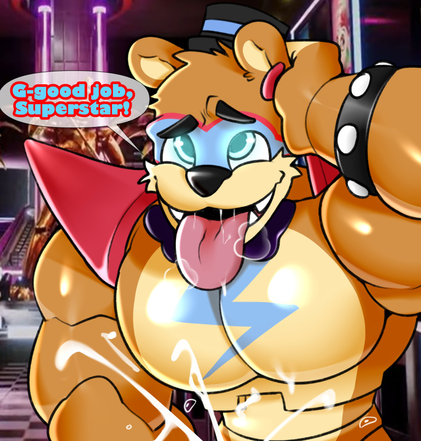 absurd_res animatronic anthro blue_eyes bodily_fluids bow_tie bracelet breath brown_body brown_fur clothing cum ear_piercing ear_ring english_text five_nights_at_freddy's five_nights_at_freddy's:_security_breach fur genital_fluids glamrock_freddy_(fnaf) glowing glowing_eyes hat headgear headwear hi_res jewelry looking_pleasured machine male mammal mostly_nude muscular muscular_anthro muscular_male offscreen_character offscreen_sex open_mouth pecs piercing robot saliva saliva_string scottgames shoulder_pads solo speech_bubble text tongue tongue_out top_hat tsukielewds ursid video_games