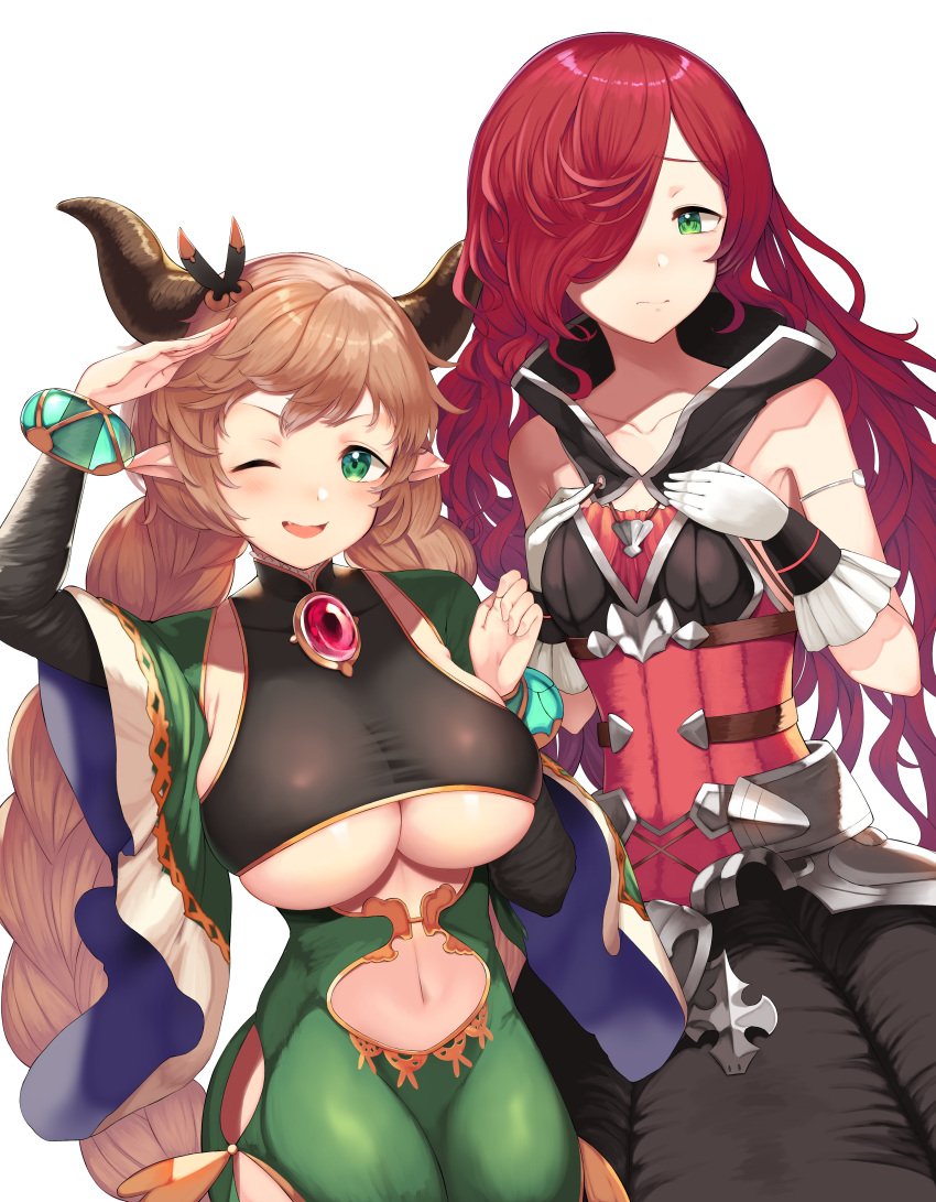 2girls :&gt; absurdres anna_(granblue_fantasy) arm_up bangs bare_arms black_pants bodysuit bracelet braid breasts brooch carmelina_(granblue_fantasy) clothing_cutout commentary_request draph gloves gold_trim granblue_fantasy green_eyes hair_over_one_eye hands_on_own_chest highres horns jewelry large_breasts light_brown_hair long_hair long_sleeves looking_at_another looking_at_viewer multiple_girls navel navel_cutout one_eye_closed open_mouth pants pointy_ears red_shirt salute shirt side_cutout simple_background small_breasts smile swept_bangs twin_braids underboob underboob_cutout very_long_hair white_background white_gloves wide_sleeves yamato_(muchuu_paradigm)