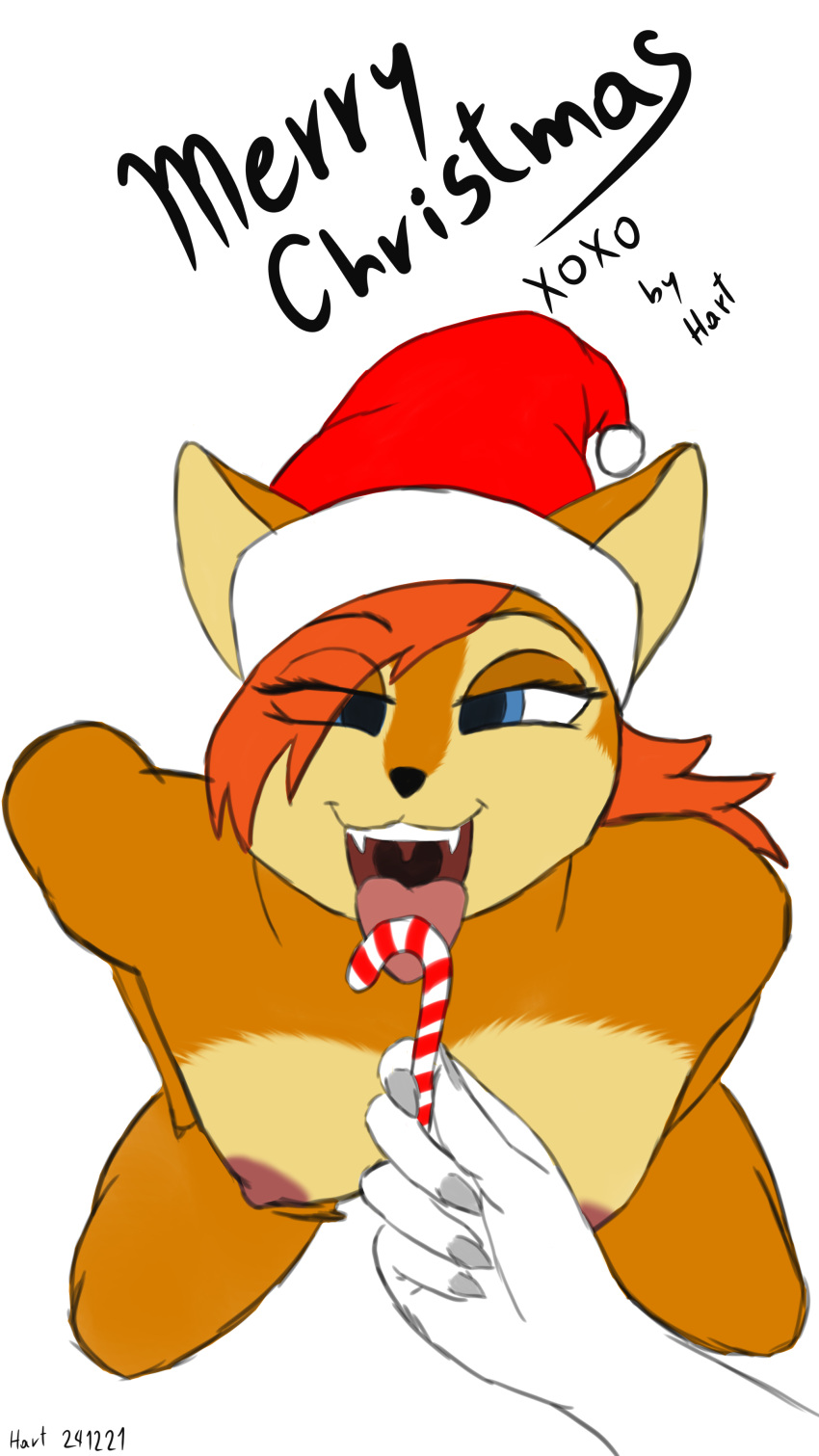 absurd_res anthro archie_comics areola blue_eyes bottomless breasts candy candy_cane chipmunk christmas christmas_clothing christmas_headwear clothed clothing dessert faceless_character faceless_male female food ground_squirrel hartery hat headgear headwear hi_res holidays licking looking_at_viewer male mammal nail nipples nude open_mouth rodent sally_acorn santa_hat sciurid sega simple_background solo sonic_the_hedgehog_(archie) sonic_the_hedgehog_(comics) sonic_the_hedgehog_(series) sucking teeth text tongue tongue_out xoxo