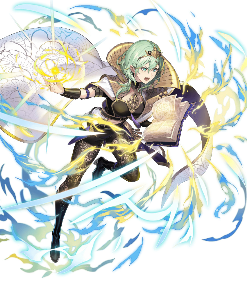 1girl arm_guards armor bangs belt black_footwear book boots byleth_(fire_emblem) byleth_(fire_emblem)_(female) cape dagger fire_emblem fire_emblem:_three_houses fire_emblem_heroes full_body gold_trim green_eyes green_hair high_heel_boots high_heels highres holding holding_book jewelry kakage knee_boots knife leg_up magic midriff navel official_art open_book open_mouth pantyhose shiny shiny_clothes shiny_hair short_hair short_sleeves shorts solo stomach tiara transparent_background weapon