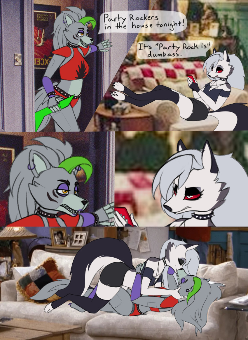 2021 absurd_res animatronic anthro bracelet canid canid_demon canine canis chair clothed clothing collar demon dialogue digital_media_(artwork) duo ear_piercing english_text female female/female five_nights_at_freddy's five_nights_at_freddy's:_security_breach french_kissing fur furniture green_hair grey_body grey_fur hair hellhound helluva_boss hi_res jewelry kissing loona_(helluva_boss) lounge lounge_chair machine mammal phone photo_background piercing pillow poster red_sclera robot roxanne_wolf_(fnaf) scottgames sitcom teeth text video_games white_body white_fur wolf yellow_eyes