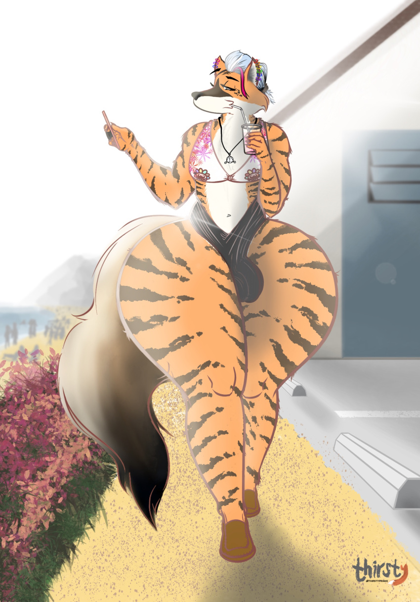 2021 anthro balls_outline beach big_butt bulge butt canid canine clothed clothing crossdressing detailed_bulge fox genital_outline hi_res highlights_(coloring) huge_butt hybrid hyper male mammal penis_outline seaside solo swimwear thick_thighs thirstydraws wide_hips