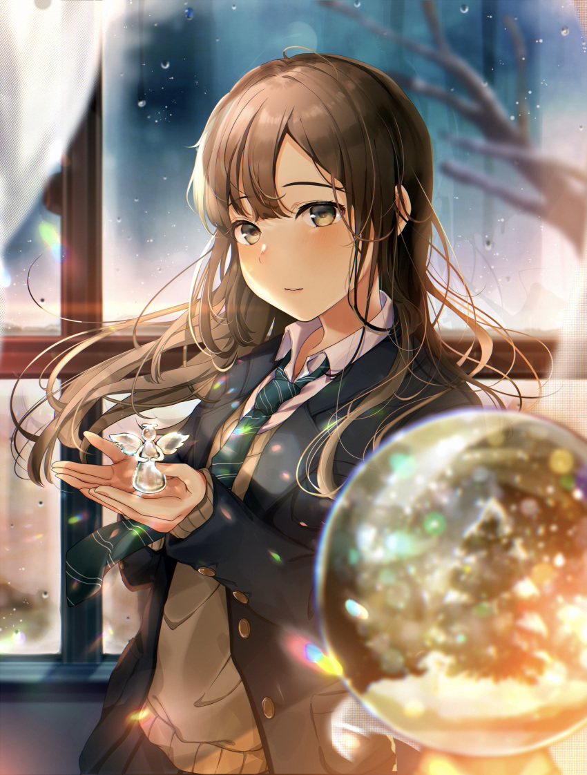 1girl ahoge bangs black_jacket blunt_bangs blurry brown_hair christmas commentary_request depth_of_field green_neckwear highres hisao_0111 holding jacket looking_at_viewer medium_hair necktie original ornament parted_lips school_uniform shirt snow_globe solo sweater upper_body white_shirt window winter