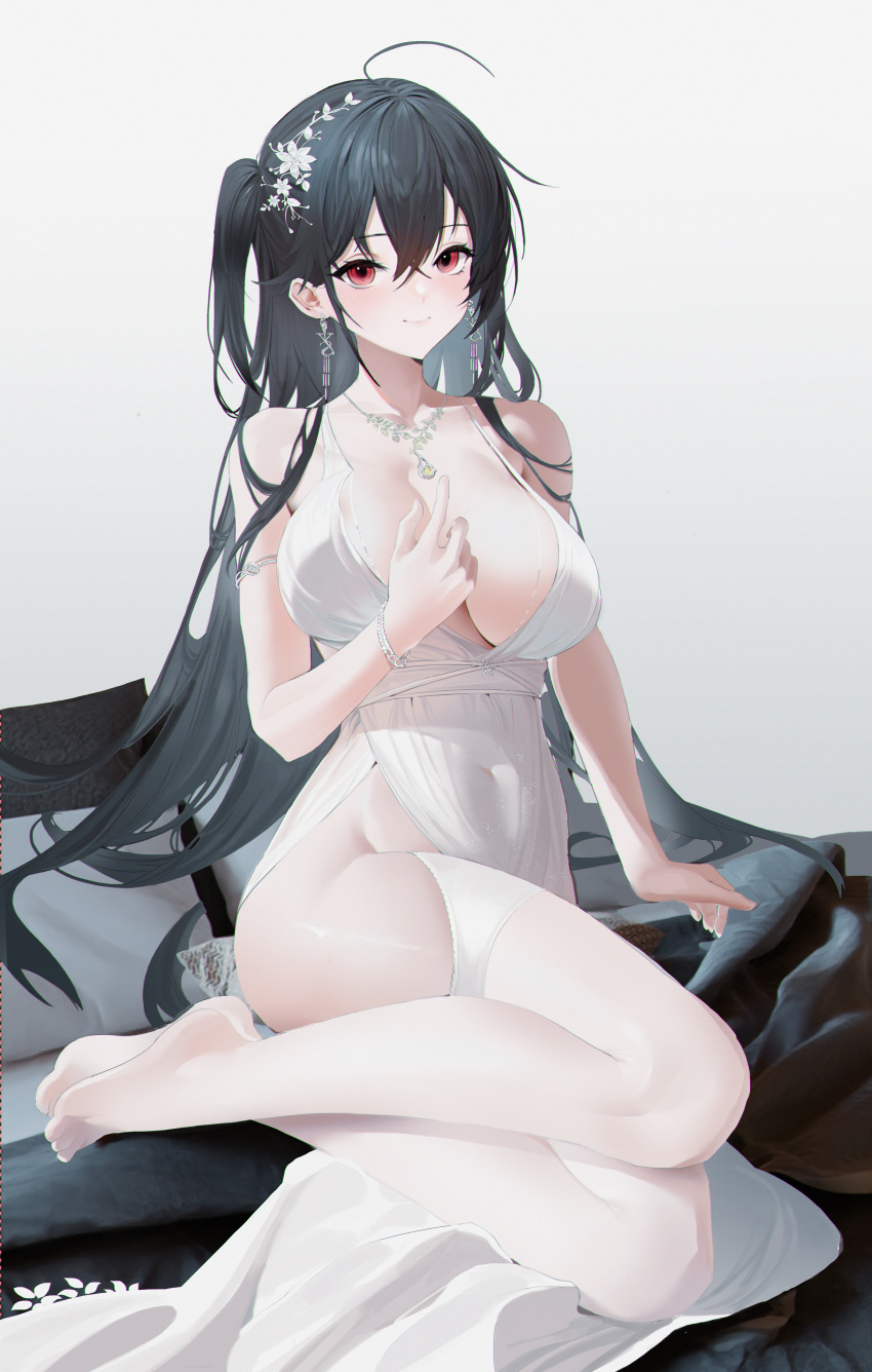0_0_0 1girl absurdres azur_lane backless_dress backless_outfit black_hair breasts center_opening cocktail_dress dress earrings evening_gown flower full_body garter_straps hair_flower hair_ornament hair_strand highres jewelry large_breasts long_hair looking_at_viewer necklace official_alternate_costume plunging_neckline red_eyes satin_dress simple_background sleeveless sleeveless_dress solo taihou_(azur_lane) taihou_(temptation_on_the_sea_breeze)_(azur_lane) thighhighs very_long_hair white_dress white_footwear white_garter_straps white_legwear