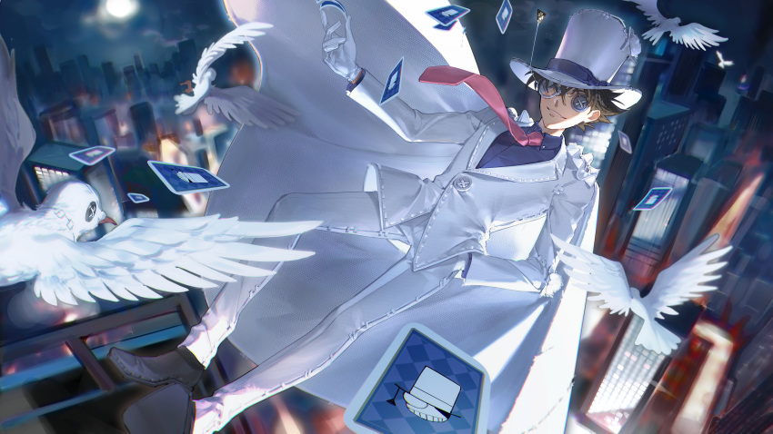 1boy absurdres bird black_footwear blue_shirt building button_eyes buttons calling_card cape card commentary_request dove dress_shirt falling floating_necktie formal full_moon gloves hand_in_pocket hat highres identity_v jacket kaitou_kid kiki_(re_6xxx) long_sleeves magic_kaito male_focus meitantei_conan midair monocle monocle_chain moon necktie night night_sky official_art outdoors pants parted_lips playing_card red_necktie shirt shoes sky skyscraper smile solo stuffing suit top_hat torn_clothes torn_hat torn_jacket white_cape white_gloves white_headwear white_jacket white_pants white_suit