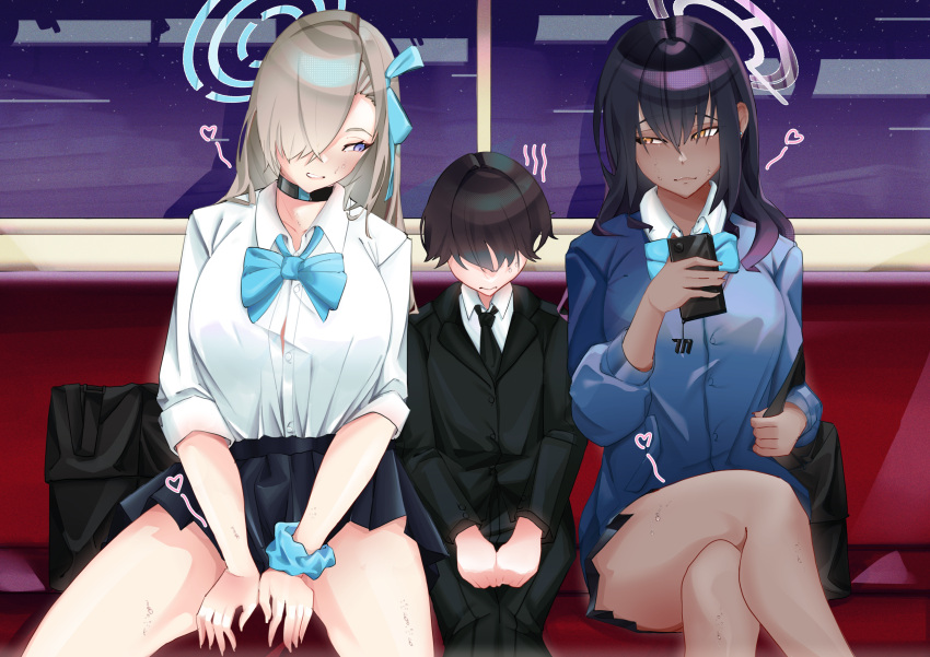 absurdres age_difference asuna_(blue_archive) black_hair blonde_hair blue_archive blue_eyes cellphone child commentary crossed_legs dark-skinned_female dark_skin english_commentary faceless faceless_male heart highres karin_(blue_archive) looking_at_another memixz miniskirt phone school_uniform skirt teeth train_interior yellow_eyes