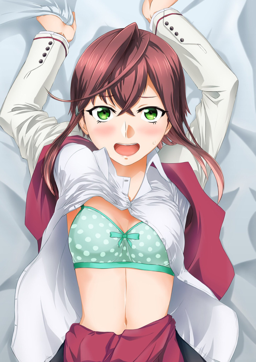 1girl akito_(sub707) bangs bow bow_bra bra breasts brown_hair green_bra green_eyes highres jacket kantai_collection long_sleeves lying navel no_eyewear okinami_(kancolle) on_back open_clothes open_shirt open_vest polka_dot polka_dot_bra purple_skirt remodel_(kantai_collection) school_uniform shirt short_hair skirt solo stomach sweatdrop underwear vest white_jacket white_shirt