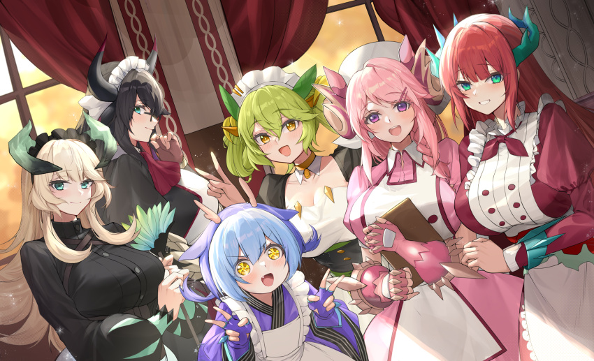 +_+ 6+girls :d animal_ears apron ascot bangs black_dress black_hair black_horns blonde_hair blue_eyes blue_gloves blue_hair blue_horns blue_kimono blunt_bangs blush braid breasts brown_choker chamber_dragonmaid choker cleavage clipboard collared_dress cowboy_shot curtains double_v dragon_ears dragon_girl dragon_horns dress duel_monster duster dutch_angle eyebrows_visible_through_hair fang fingerless_gloves flat_chest gauntlets glasses gloves green_eyes green_hair green_horns grin hair_between_eyes hair_ornament hair_over_shoulder hat highres holding holding_clipboard holding_duster horns house_dragonmaid indoors japanese_clothes kappougi kimono kitchen_dragonmaid lace-trimmed_apron lace_trim large_breasts laundry_dragonmaid long_hair long_sleeves looking_at_viewer maid maid_apron maid_headdress multicolored_hair multiple_girls neckerchief nurse_cap nurse_dragonmaid open_mouth parlor_dragonmaid parted_lips pink_dress pink_gloves pink_hair pink_horns puffy_long_sleeves puffy_short_sleeves puffy_sleeves purple_eyes red_ascot red_dress red_hair red_neckerchief short_sleeves sidelocks single_braid smile standing teeth upper_teeth v vambraces wa_maid window xiujia_yihuizi yellow_eyes yellow_horns yu-gi-oh!