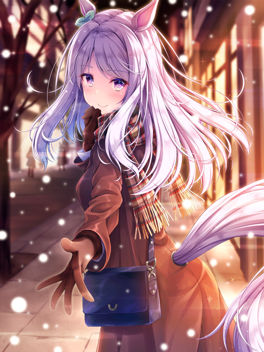 1girl akashio_(loli_ace) animal_ears aqua_bow bag blush bow brown_coat brown_gloves christmas closed_mouth coat ear_bow eyebrows_visible_through_hair fringe_trim gloves highres horse_ears horse_girl horse_tail long_hair long_sleeves looking_at_viewer mejiro_mcqueen_(umamusume) plaid plaid_scarf purple_eyes purple_hair scarf shoulder_bag smile solo tail umamusume