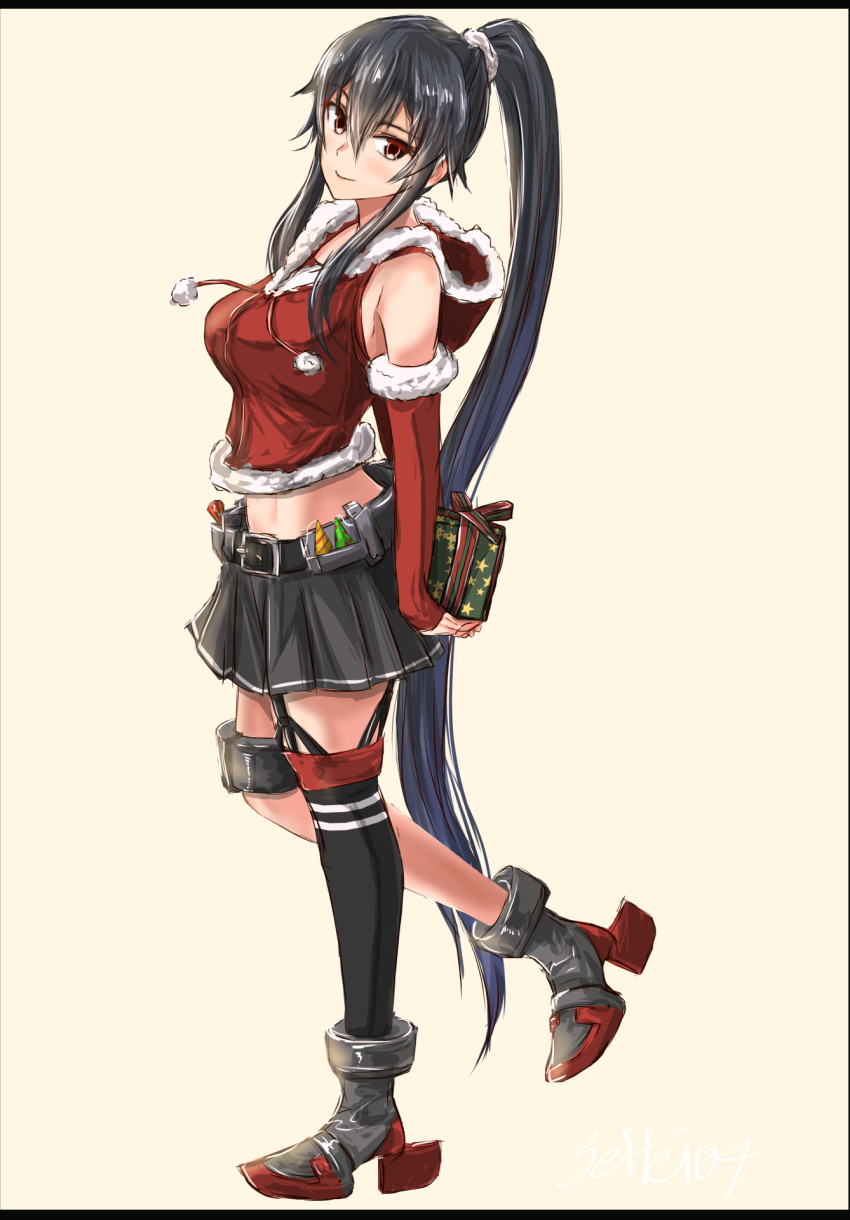1girl belt belt_buckle black_belt black_hair black_legwear box breasts brown_eyes buckle christmas closed_mouth full_body gift gift_box grey_skirt highres holding holding_gift kantai_collection large_breasts long_hair party_popper pleated_skirt ponytail remodel_(kantai_collection) rudder_footwear santa_costume seitei_(04seitei) signature simple_background single_thighhigh skirt smile solo standing standing_on_one_leg thighhighs twitter_username very_long_hair yahagi_(kancolle) yellow_background