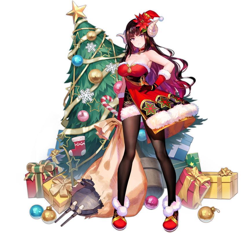 1girl armpits azur_lane bangs bare_shoulders black_hair black_legwear blunt_bangs box breasts candy candy_cane choker christmas_tree closed_eyes closed_mouth curled_horns dress eyebrows_visible_through_hair flower food frown fur-trimmed_dress fur-trimmed_gloves fur_trim fuzichoco gift gift_box gloves hair_flower hair_ornament hand_on_hip hat highres horns house large_breasts long_hair multicolored_hair official_alternate_costume official_art open_mouth pantyhose pink_hair red_flower santa_hat smile snow standing strapless strapless_dress suruga_(azur_lane) suruga_(uneventful_holiday_greetings)_(azur_lane) transparent_background two-tone_hair