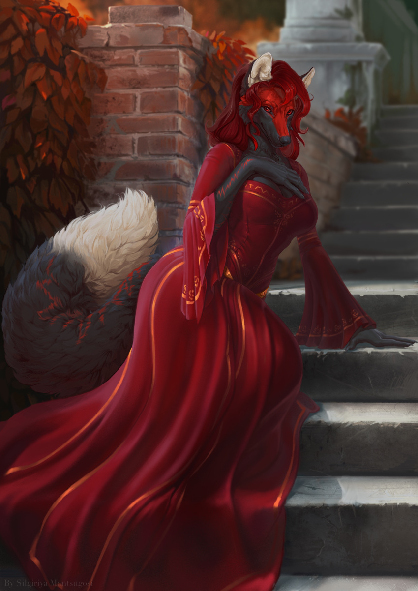 2021 5_fingers absurd_res amazing_background anthro big_breasts big_tail biped black_nose breasts brick_wall canid canine canis clothing day depth_of_field detailed detailed_background detailed_fur digital_media_(artwork) digital_painting_(artwork) dipstick_tail dress female fingers fluffy fluffy_tail front_view fur grey_body grey_fur hair hi_res humanoid_hands inner_ear_fluff lineless long_dress long_hair looking_at_viewer mammal markings outside photorealism plant prick_ears red_body red_clothing red_dress red_eyes red_fur red_hair shaded silgiriya_mantsugosi smile smiling_at_viewer soft_shading solo stairs tail_markings thick_tail three-quarter_view tuft wall_(structure) white_body white_fur wolf