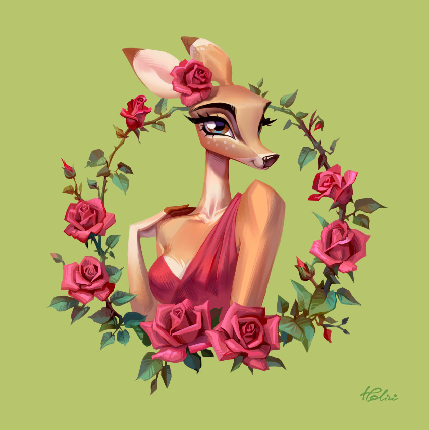 absurd_res anthro breasts brown_eyes cervid clothing dipstick_ears dress eyebrows eyelashes female flower fur green_background hand_on_shoulder hi_res holivi mammal multicolored_ears plant rose_(flower) simple_background smile solo