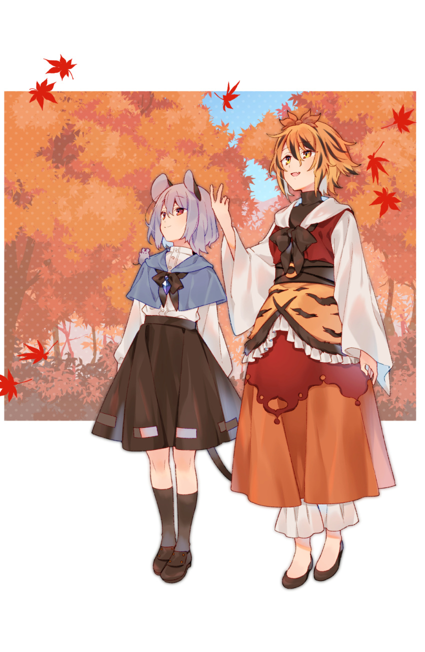 2girls akagashi_hagane animal_ears animal_print autumn autumn_leaves bangs belt black_belt black_footwear black_hair black_legwear black_ribbon black_skirt blonde_hair breasts capelet dress eyebrows_visible_through_hair forest frills grey_dress grey_hair hair_ornament highres jewelry long_sleeves looking_afar mouse mouse_ears mouse_tail multicolored_hair multiple_girls nature nazrin o-ring open_mouth orange_skirt pendant red_dress red_eyes ribbon shirt short_hair skirt smile socks standing streaked_hair tail tiger_print toramaru_shou touhou two-tone_hair white_shirt yellow_eyes