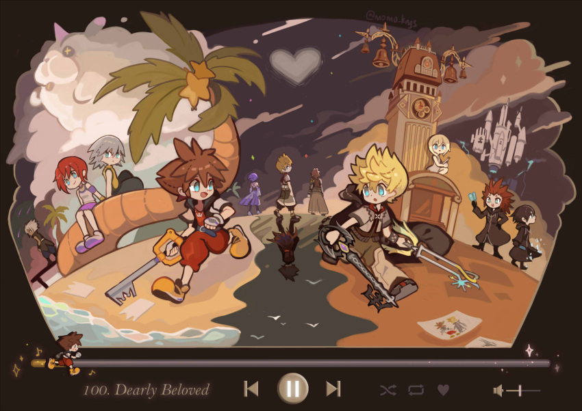 4girls 6+boys aqua_(kingdom_hearts) axel_(kingdom_hearts) beach black_coat black_coat_(kingdom_hearts) castle cloud coat different_reflection drawing dual_wielding food fruit heart highres holding kairi_(kingdom_hearts) keyblade kingdom_hearts kingdom_key momoppi multiple_boys multiple_girls namine oathkeeper oblivion_(keyblade) palm_tree paopu_fruit pier popsicle reflection riku_(kingdom_hearts) roxas silver_hair sitting smile sora_(kingdom_hearts) spiked_hair terra_(kingdom_hearts) tower tree vanitas ventus_(kingdom_hearts) wondernyan_(kingdom_hearts) xehanort xion_(kingdom_hearts)