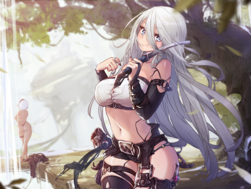 2girls absurdres ass black_legwear blue_eyes breasts garters grey_hair highres long_hair mecha_musume mitsu_(mitsu_art) mole mole_under_mouth multiple_girls navel nier_(series) nier_automata panties short_hair smile thighhighs thong topless tree underwear water waterfall watermark weapon white_hair yorha_no._2_type_b yorha_type_a_no._2