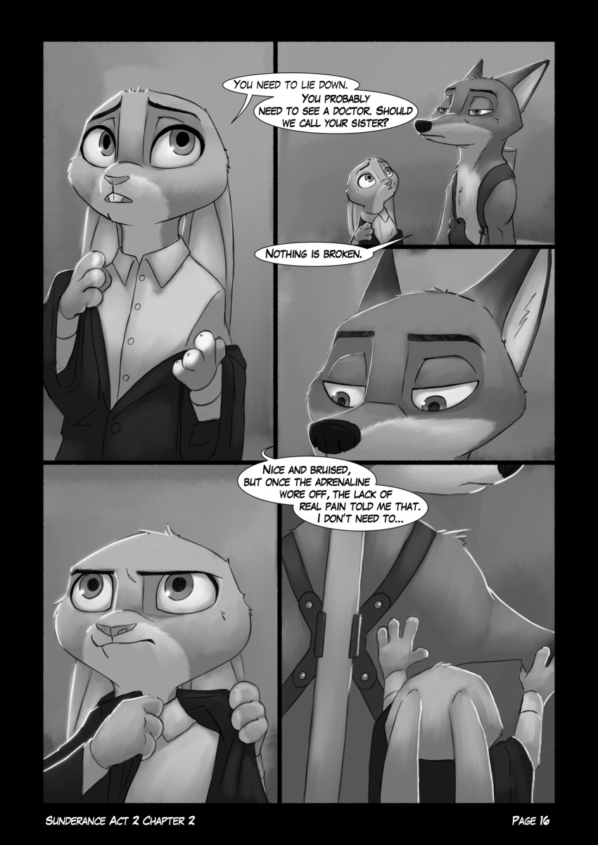 2021 ambiguous_gender anthro biped black_border border buckteeth canid canine clothed clothing comic dialogue dipstick_ears disney duo english_text fox foxxj greyscale gun handgun hi_res holster judy_hopps lagomorph leporid male mammal monochrome multicolored_ears nick_wilde pistol rabbit ranged_weapon speech_bubble teeth text topless weapon zootopia