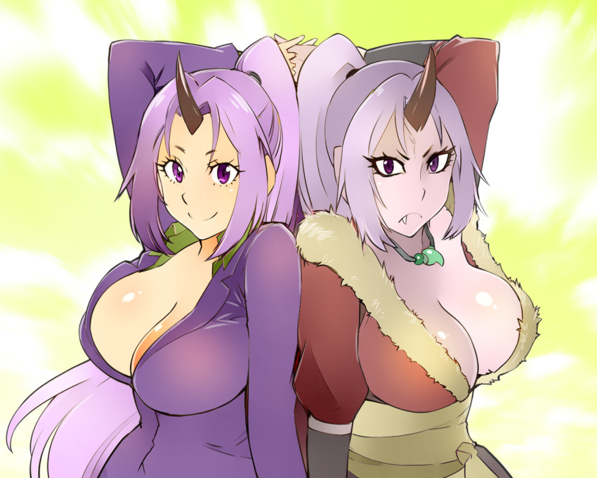 breasts cleavage closed_mouth collarbone dual_persona fang horns large_breasts long_hair looking_at_viewer oni oni_horns ponytail purple_eyes purple_hair shion_(tensei_shitara_slime_datta_ken) single_horn smile tensei_shitara_slime_datta_ken ueyama_michirou
