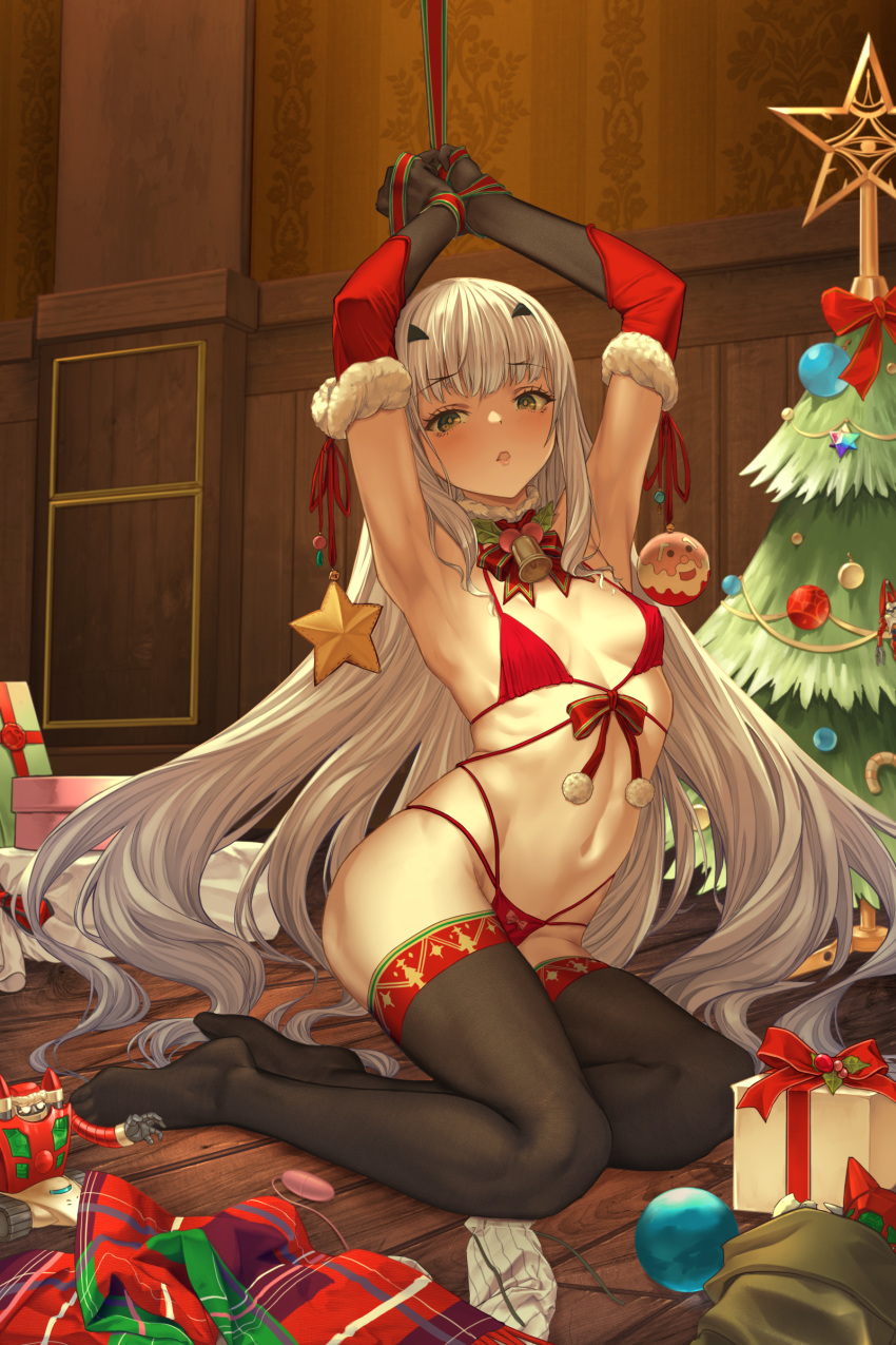 1girl absurdres alba armpits arms_up bangs bell black_legwear blush bound bound_wrists breasts christmas christmas_tree cleavage elbow_gloves eyebrows_visible_through_hair fairy_knight_lancelot_(fate) fate/grand_order fate_(series) full_body getter-1 getter-2 getter-3 gift gloves green_eyes highres indoors long_hair looking_at_viewer mixed-language_commentary navel panties parted_lips red_panties silver_hair small_breasts solo thighhighs thighs underwear wooden_floor