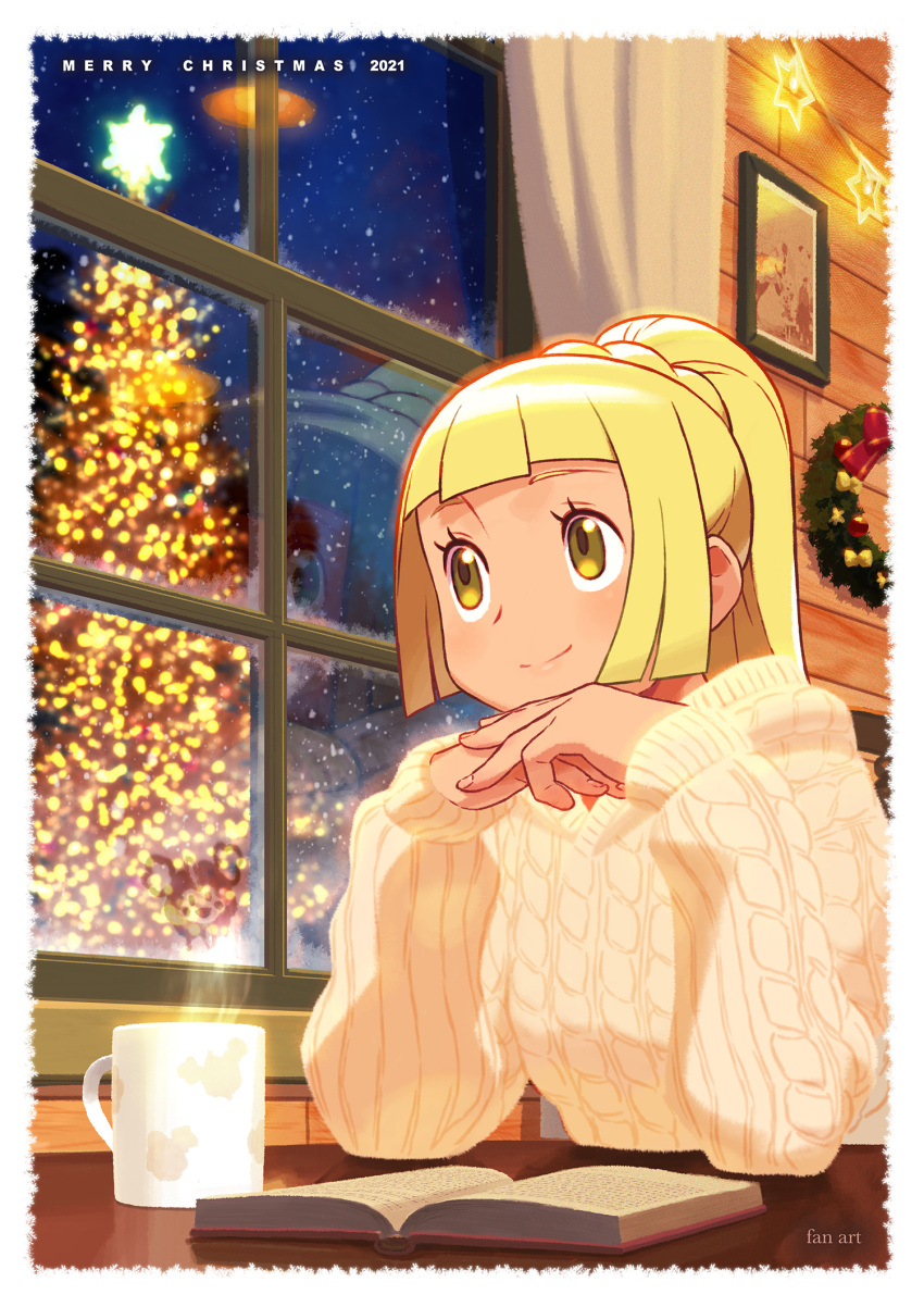 1girl alternate_costume bangs blonde_hair book border christmas christmas_tree closed_mouth commentary cup curtains eyelashes green_eyes hands_up high_ponytail highres indoors ishikawa_hideki lillie_(pokemon) long_sleeves mug night own_hands_together pokemon pokemon_(game) pokemon_sm sky smile solo star_(sky) steam sweater table white_border window wooden_wall wreath yellow_sweater