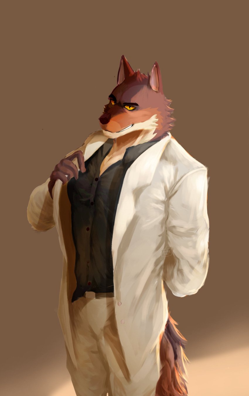 2021 absurd_res bottomwear canid canine canis clothing dreamworks fur gradient_background hi_res male mammal mr._wolf_(the_bad_guys) pants shibziroo simple_background smile solo teeth the_bad_guys white_clothing wolf