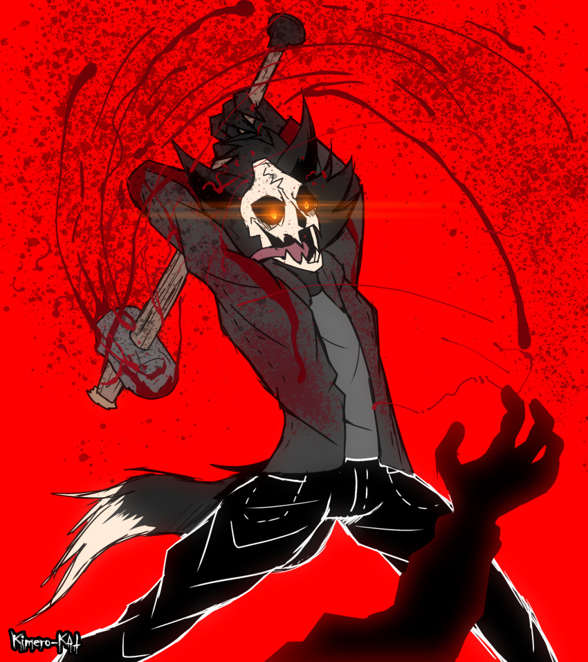 action_pose anthro black_body blood bodily_fluids bottomwear cadaver_(skulldog) canid canine canis clothed clothing demon denim denim_clothing duo fur glowing glowing_eyes hair hammer hi_res human insane jeans kimero_kat male mammal pants pose red_background simple_background skulldog_(species) tools violence wolf yellow_eyes