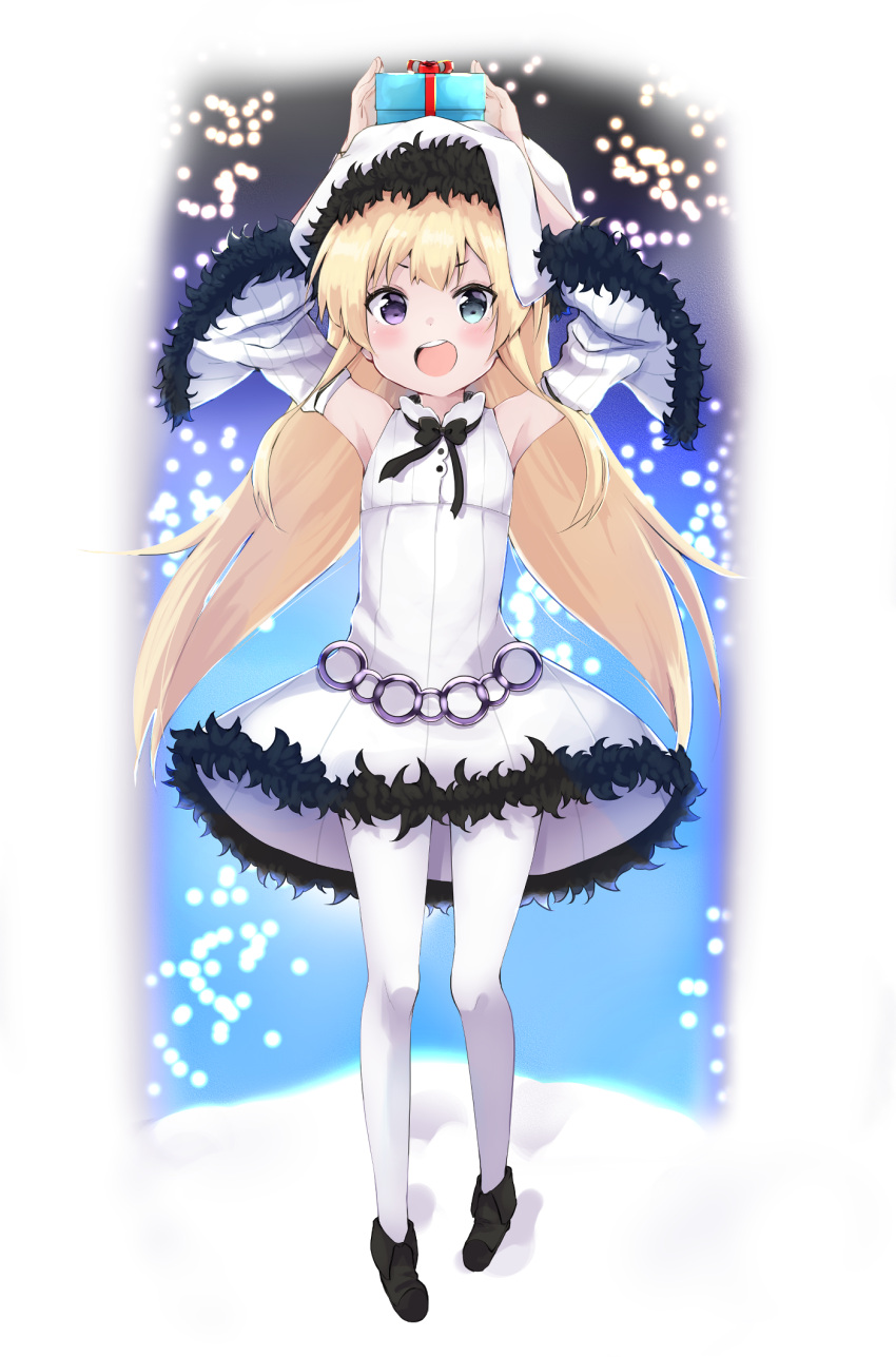 1girl :d amano_kouki armpits arms_up black_bow black_footwear blonde_hair blue_eyes boots bow box commentary_request detached_sleeves dress full_body fur-trimmed_dress fur-trimmed_headwear fur-trimmed_sleeves fur_trim gift gift_box heterochromia highres long_hair long_sleeves original pantyhose purple_eyes sleeveless sleeveless_dress smile solo standing teeth upper_teeth very_long_hair white_dress white_headwear white_legwear white_sleeves wide_sleeves