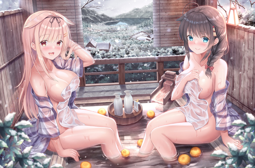 2girls ahoge bath_yukata black_hair black_ribbon blonde_hair blue_eyes braid breasts food fruit hair_flaps hair_ornament hair_over_shoulder hair_ribbon hairclip japanese_clothes kantai_collection kimono large_breasts long_hair looking_at_viewer multiple_girls onsen orange_(fruit) railing red_eyes remodel_(kantai_collection) ribbon scarf scenery shigure_(kancolle) shirakawako sitting snow soaking_feet towel tray wet wet_clothes white_scarf yukata yuudachi_(kancolle)