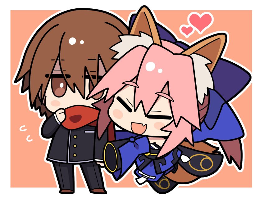 1boy 1girl animal_ears bangs black_pants black_shirt blue_bow blue_kimono blue_ribbon bow brown_eyes brown_footwear brown_hair chibi closed_eyes couple eyebrows_visible_through_hair fang fate/extra fate/extra_ccc fate_(series) fox_ears fox_girl fox_tail hair_ribbon happy heart hetero highres imminent_hug japanese_clothes kimono kishinami_hakuno_(male) obi open_mouth pants pink_hair red_scarf ribbon sash scarf school_uniform shirt shoes skin_fang tail tamamo_(fate) tamamo_no_mae_(fate/extra) yoriteruru