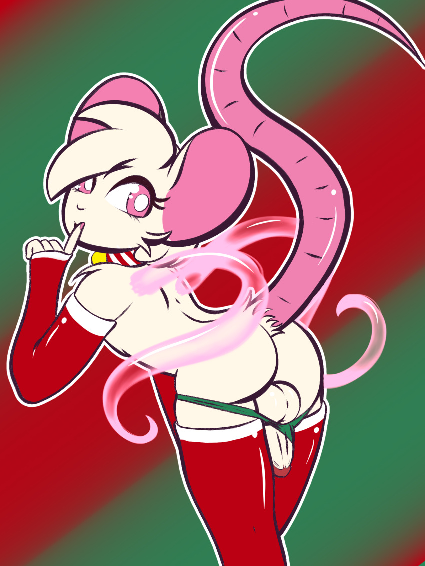 2d_(artwork) back_tentacles backsack balls butt christmas clothing digital_media_(artwork) drawing genitals hi_res holidays illustration legwear looking_back male mammal merry_christmas mouse murid murine penis raised_tail rear_view reggie_(whygena) rodent solo stockings tentacles