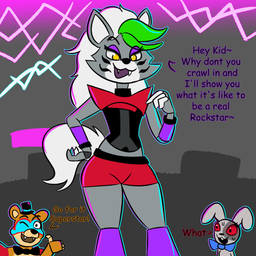 2021 animatronic anthro bow_tie buckteeth canid canine canis clothed clothing dialogue english_text female five_nights_at_freddy's five_nights_at_freddy's:_security_breach glamrock_freddy_(fnaf) group hacsaw hair hat headgear headwear hi_res lagomorph leporid looking_at_viewer machine male mammal rabbit red_sclera robot roxanne_wolf_(fnaf) scottgames smile solo_focus suggestive talking_to_viewer teeth text top_hat ursid vanny_(fnaf) video_games white_body wolf yellow_eyes