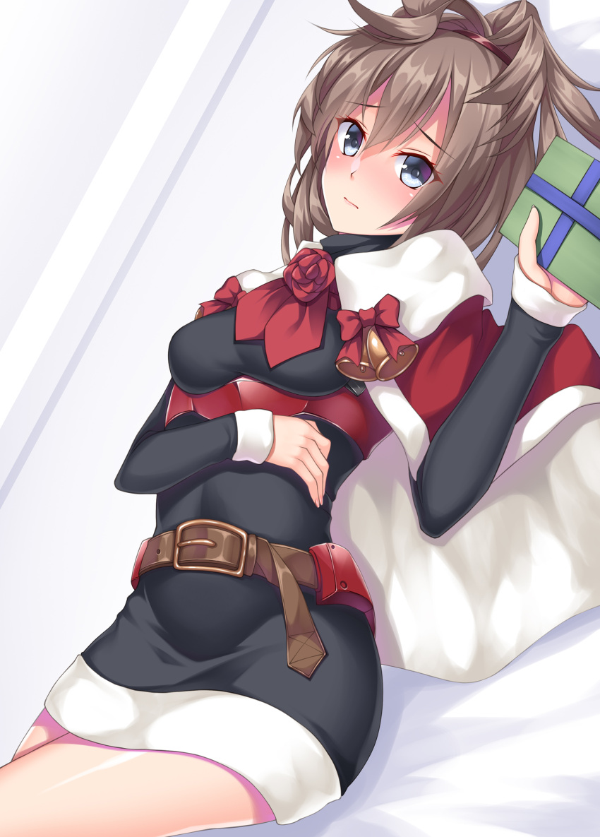 1girl absurdres bed_sheet bell belt belt_buckle blue_eyes blush box brown_belt brown_hair buckle capelet christmas closed_mouth eyebrows_visible_through_hair flower gift gift_box hair_between_eyes highres holding holding_gift kantai_collection long_sleeves looking_at_viewer medium_hair military military_uniform official_alternate_costume red_capelet red_flower red_ribbon red_rose ribbon rose ruin_re_birth sheffield_(kancolle) solo uniform