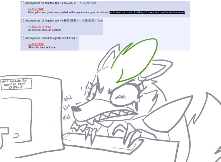 4chan angry angry_eyes anthro bodily_fluids canid canine canis claws computer computer_monitor crying english_text eyelashes female five_nights_at_freddy's five_nights_at_freddy's:_security_breach fluffy fluffy_tail furniture green_hair hair keyboard mammal monitor monochrome onomatopoeia roxanne_wolf_(fnaf) running_makeup running_mascara scottgames screencap shaking sharp_claws sharp_teeth shoulder_pads simple_background solo sound_effects table tears tears_of_rage teeth text the_weaver thread trembling typing video_games white_background wolf