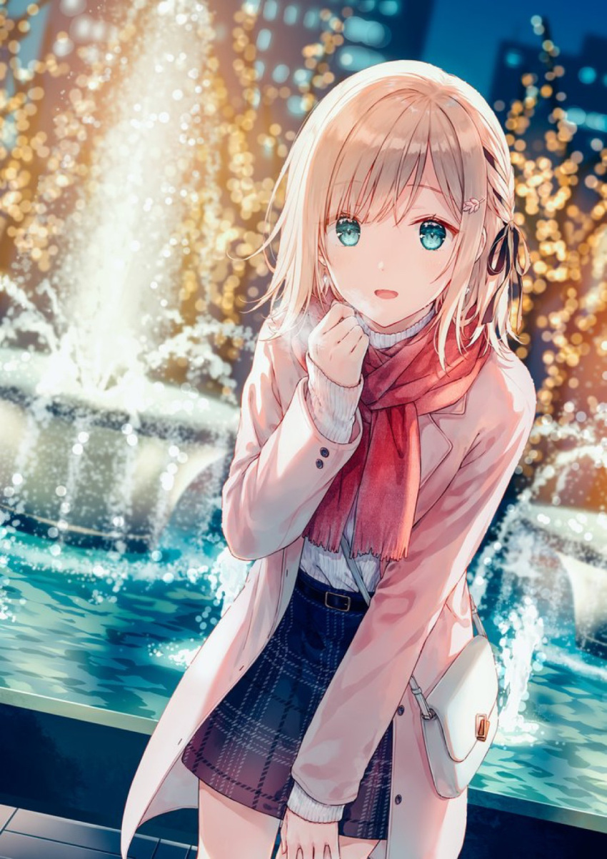 1girl :d bag black_ribbon blue_skirt blurry blurry_background braid breath brown_hair building coat commentary_request depth_of_field fountain green_eyes hair_ribbon hand_up hashimoto_sana highres hiten_(hitenkei) long_sleeves looking_at_viewer night open_clothes open_coat original outdoors pink_coat ribbon shirt shoulder_bag skirt skyscraper sleeves_past_wrists smile solo water white_shirt