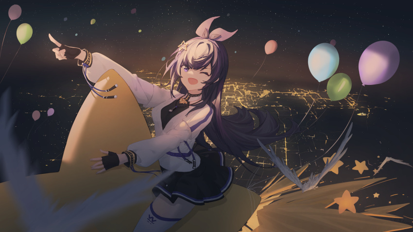 1girl animal_ears balloon breasts fingerless_gloves flying gloves highres jacket lantian_lanz large_breasts looking_at_viewer night one_eye_closed open_mouth purple_eyes purple_hair skirt smile solo star_(symbol) thighhighs thighs zettai_ryouiki