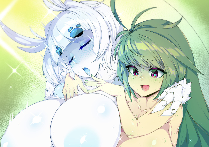 2girls :d absurdres ace.7c3 antenna_hair areolae arthropod_girl bangs blue_nipples blue_pupils blue_skin blue_tongue blunt_bangs blush body_freckles breasts colored_nipples colored_skin colored_tongue commentary english_commentary extra_eyes fingernails freckles green_hair green_nails grey_skin highres hug hug_from_behind huge_breasts large_areolae long_hair moth_girl multiple_girls open_mouth original out-of-frame_censoring pink_eyes scleriteaeaeaggadah slugbox smile sparkle tongue tongue_out torogao white_skin yellow_skin
