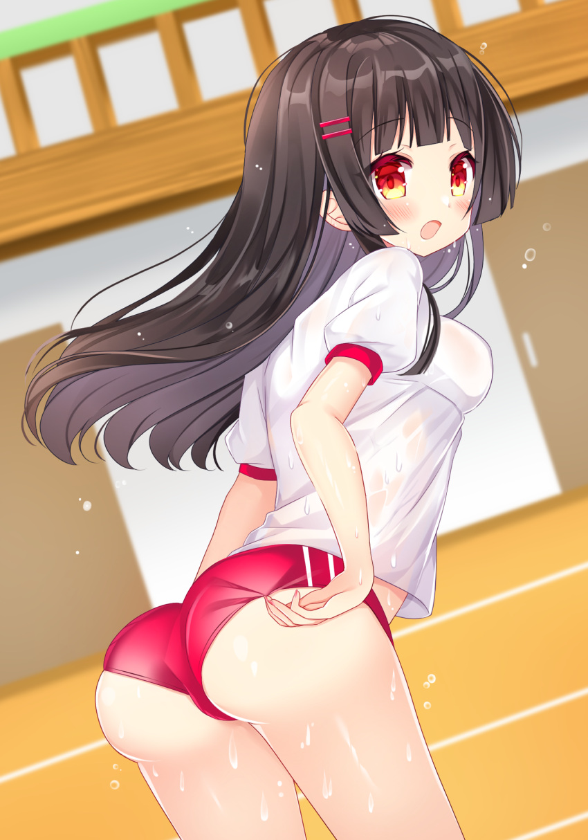 1girl adjusting_buruma adjusting_clothes ass bangs black_hair blurry blurry_background breasts buruma commentary_request commission depth_of_field eyebrows_visible_through_hair from_behind gym_shirt gym_uniform hair_ornament hairclip highres indoors long_hair looking_at_viewer looking_back medium_breasts open_mouth original puffy_short_sleeves puffy_sleeves red_buruma red_eyes see-through shikito shirt short_sleeves skeb_commission solo standing sweat very_long_hair wet wet_clothes wet_shirt white_shirt