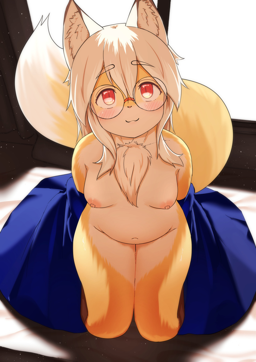 2021 absurd_res akamu_ver20 alternate_version_at_source anthro areola blush breasts brown_body brown_fur canid canine chest_tuft dipstick_ears dipstick_tail eyewear eyewear_only female fluffy fox fur glasses glasses_only hair hands_behind_back hi_res inner_ear_fluff kemono leg_markings looking_at_viewer mammal markings multicolored_body multicolored_ears multicolored_fur multicolored_tail navel nipples nude red_eyes small_breasts smile smiling_at_viewer socks_(marking) solo tail_markings tasteful_nudity tuft white_body white_fur white_hair yellow_body yellow_fur