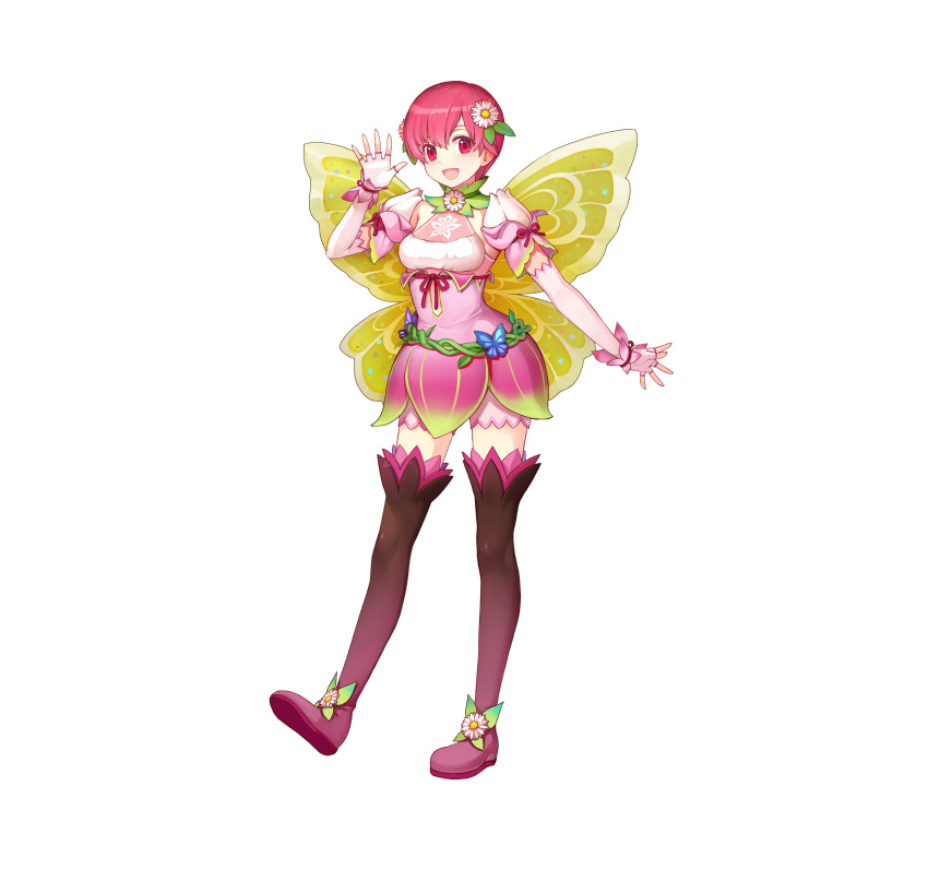 1girl absurdres alternate_costume bangs belt boots breasts commentary_request detached_collar dress elbow_gloves est_(fire_emblem) fairy_wings fire_emblem fire_emblem:_mystery_of_the_emblem fire_emblem_heroes gloves gradient gradient_clothes hair_ornament hand_up headband highres konfuzikokon looking_at_viewer official_art open_mouth pink_dress pink_eyes pink_hair shiny shiny_hair short_dress short_hair simple_background sleeveless small_breasts smile solo standing thigh_boots thighhighs wings zettai_ryouiki