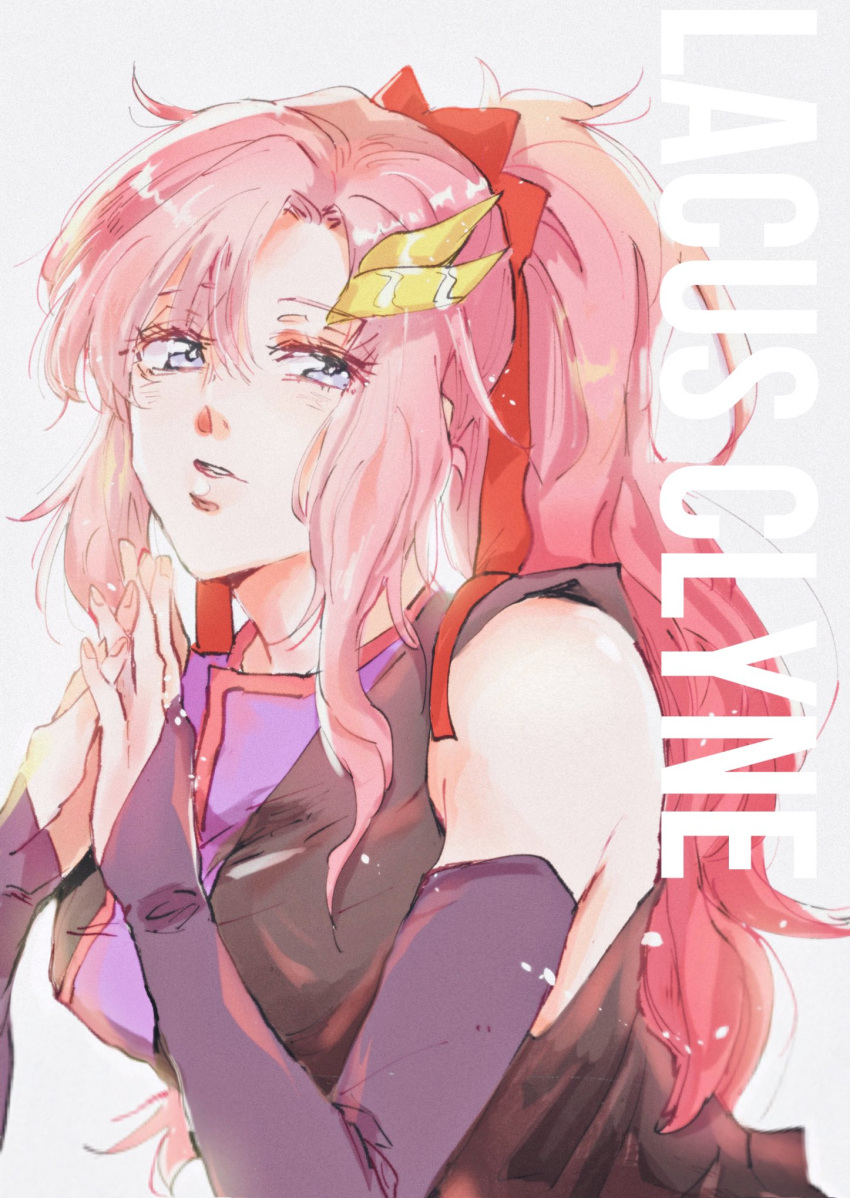 1girl bangs black_jacket bow breasts character_name detached_sleeves eyebrows_visible_through_hair grey_eyes gundam gundam_seed hair_bow highres jacket kare_(0621utak) lacus_clyne leaning_forward long_hair medium_breasts own_hands_together parted_lips pink_hair ponytail red_bow sleeveless solo white_background