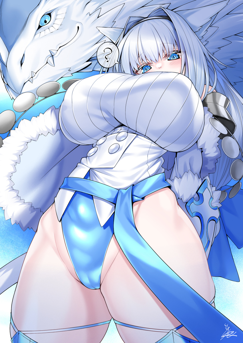 1girl ? absurdres animal_ear_fluff animal_ears arms_behind_back bangs bare_shoulders blue_bow blue_eyes blue_legwear blue_leotard blue_ribbon blush bow breasts buttons capelet cat_ears cat_girl cat_tail crotch detached_collar detached_sleeves dobrynya_nikitich_(fate) double-breasted dragon fate/grand_order fate_(series) fur-trimmed_capelet fur_trim hair_bow hairband highleg highleg_leotard highres large_breasts leotard long_hair long_sleeves looking_at_viewer low_ponytail ribbon shirt tail thighhighs thighs watosu white_capelet white_hair white_shirt